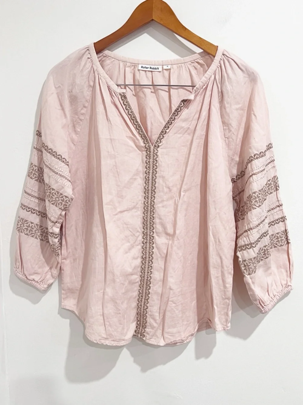 EUC Roller Rabbit Blush Pink/Cream Cross Stitch Embroidered Linen Peasant Top